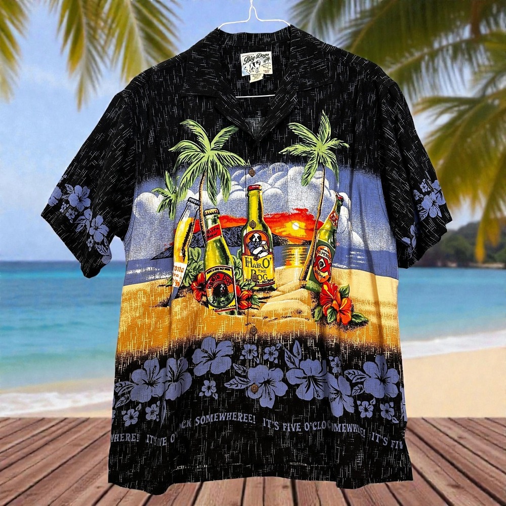 Big Dogs‎ Hawaiian Shirt Size Men's M Black "It's 5 O'Clock Somewhere" Rayon VTG